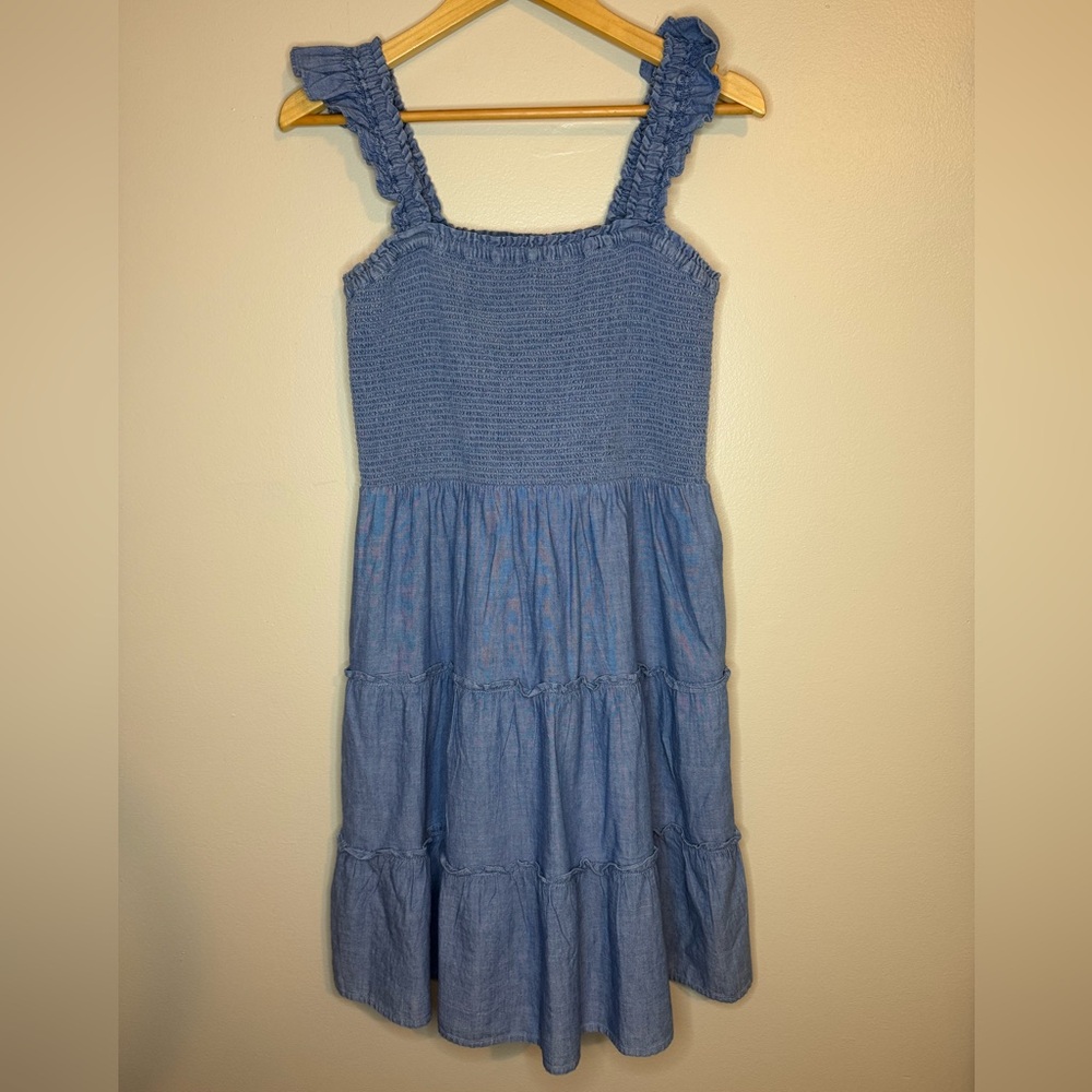 Women's JCrew Chambray Smocked‎ Tiered Dress Size Small Ruffle Strap Cotton